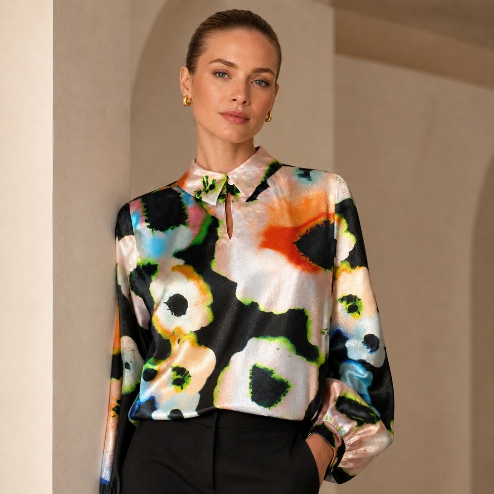 Stine Goya Blouse Ashley Textured Poly Floral Womens XS Black Multi Mock Neck